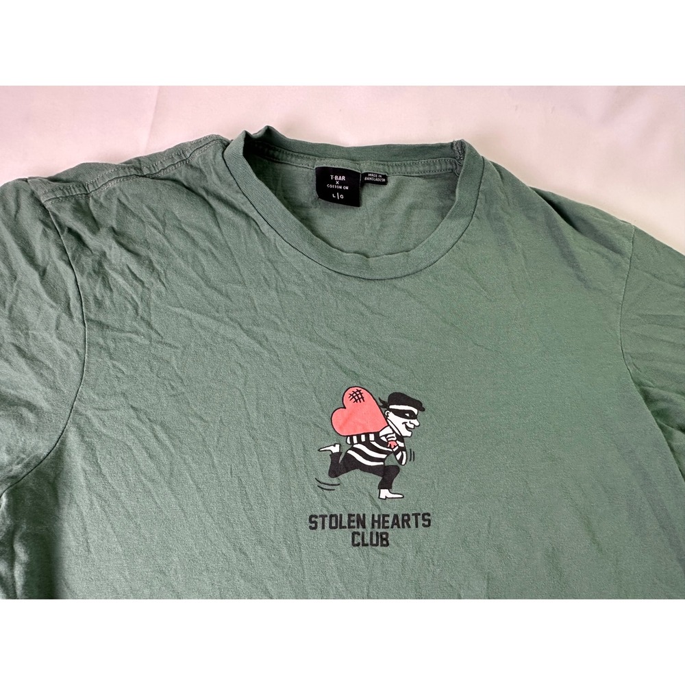 T-Bar x Cotton On Stolen Hearts Club Graphic Tee Preppy Retro Skate Green Size L